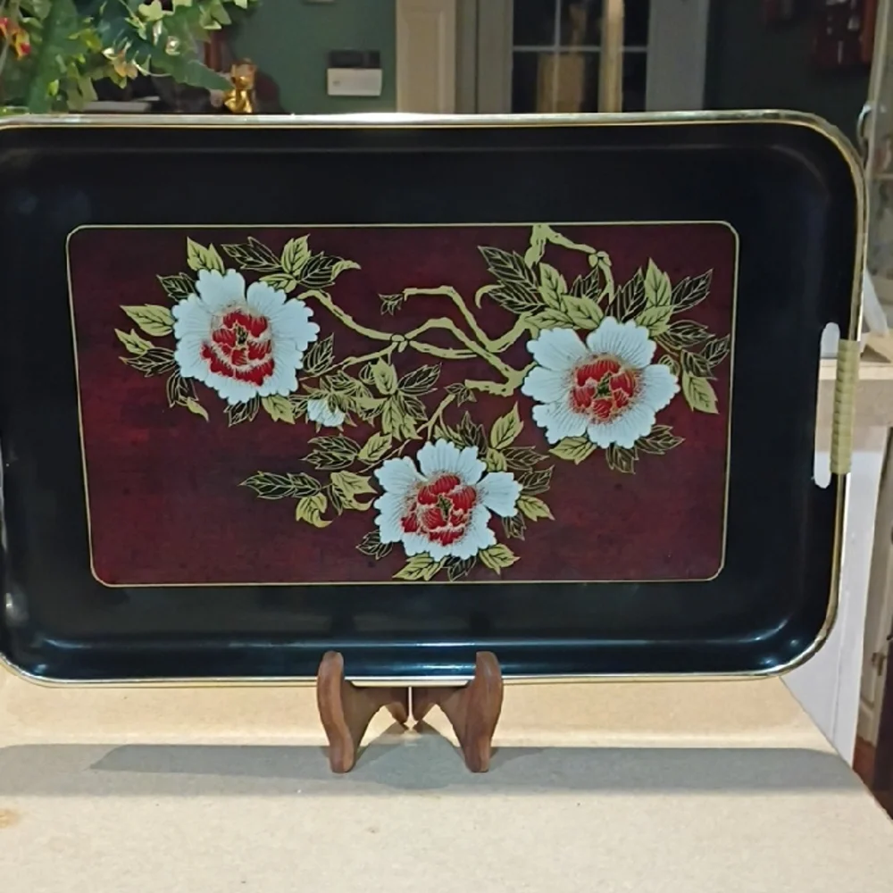 Floral Black and Red Decorative Tray